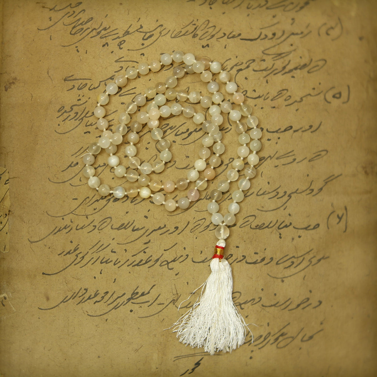 Prabhuji Prayer Mala Beads - Moon Stone  - 108 Prayer Beads  - Mystic Journey Path