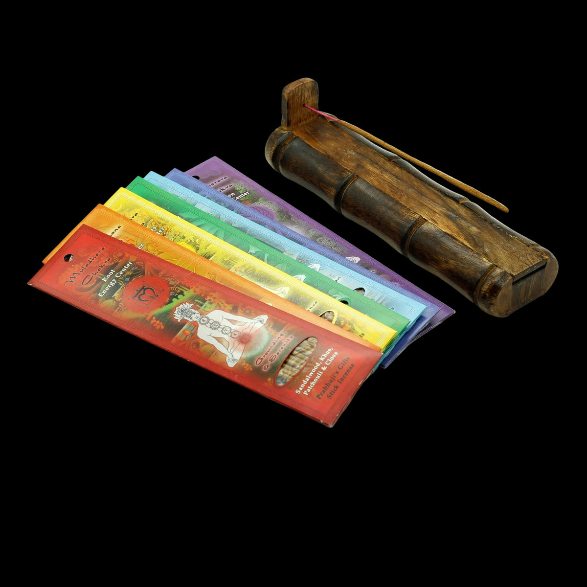 Prabhuji Incense Gift Set - Bamboo Burner + 7 chakra incense stick & Greeting: May Love, Light, Peace & ... Always  - Mystic Journey Path