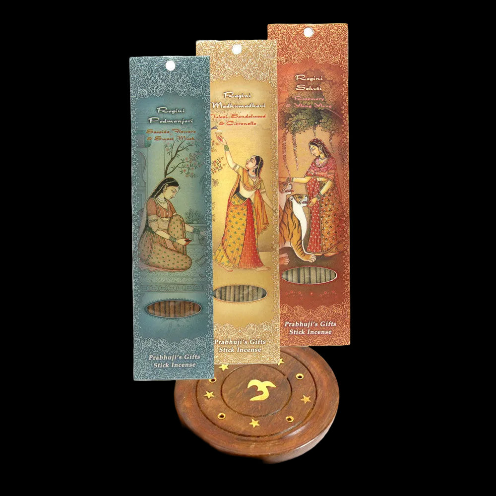Incense Gift Set - Wood Round Burner + 3 Harmony Incense Sticks & Holiday Greeting (Madhumadhavi, Sehuti, Padmanjari) - Wholesale and Retail Prabhuji's Gifts   - Mystic Journey Path