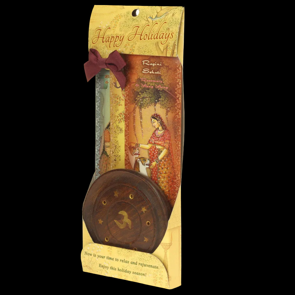 Incense Gift Set - Wood Round Burner + 3 Harmony Incense Sticks & Holiday Greeting (Madhumadhavi, Sehuti, Padmanjari) - Wholesale and Retail Prabhuji's Gifts   - Mystic Journey Path