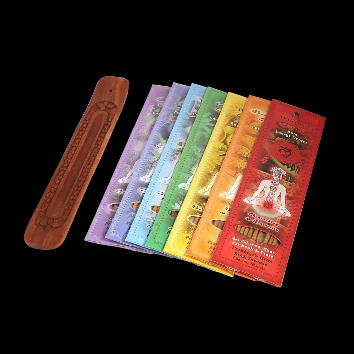Prabhuji's Gifts - Incense Gift Set - Flat Burner + 7 Chakras Incense Stick in Brown Greeting Sleeve  - Mystic Journey Path