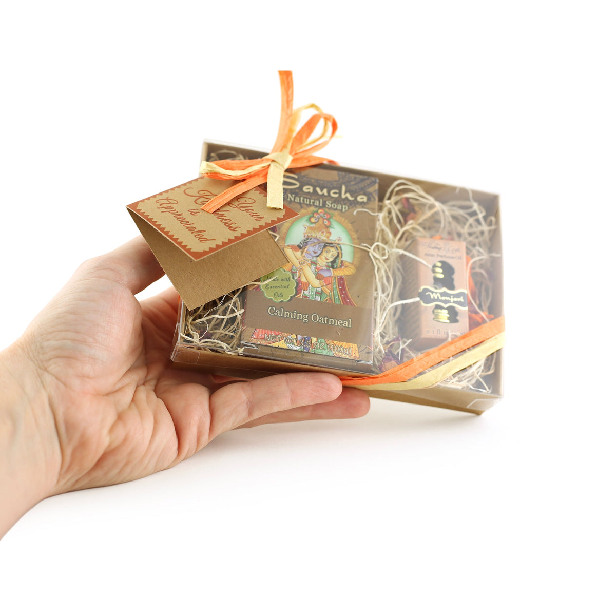 Gift Set - Saucha Bar Soap 'Calming Oatmeal' and Attar Perfume Oil 'Manjari' - with Greeting 'Your kindness is appreciated' - Mystic Journey Path