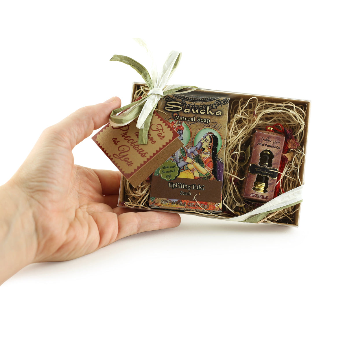 Gift Set - Saucha Bar Soap 'Uplifting Tulsi' and Attar Perfume Oil 'Padma' - with Greeting 'For someone as precious as you'  - Mystic Journey Path