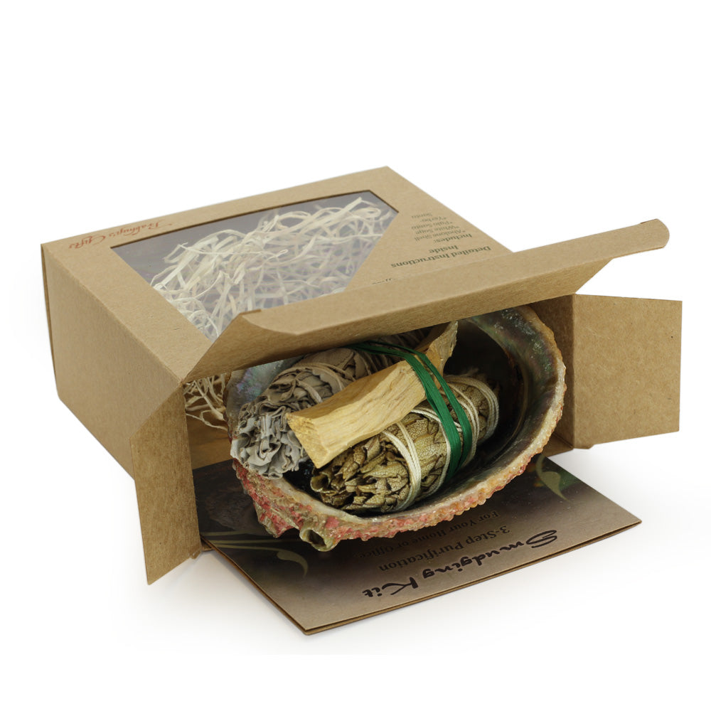 Kit - Smudging Kit Palo Santo - Sage - Yerba Santa - Abalone shell - with Purification Instruction Booklet - Wholesale and Retail Prabhuji's Gifts  - Mystic Journey Path