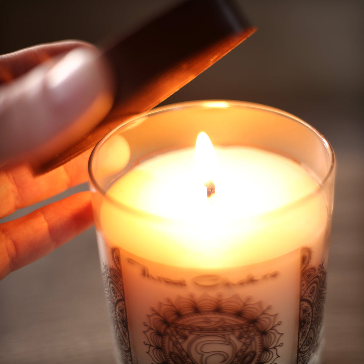 Soy Candle for Chakra Meditation Scented with Essential Oils | Throat Chakra Vishuddha | Woods & Amber | Communication and Wisdom - 10.5oz - Wholesale and Retail Prabhuji's Gifts   - Mystic Journey Path