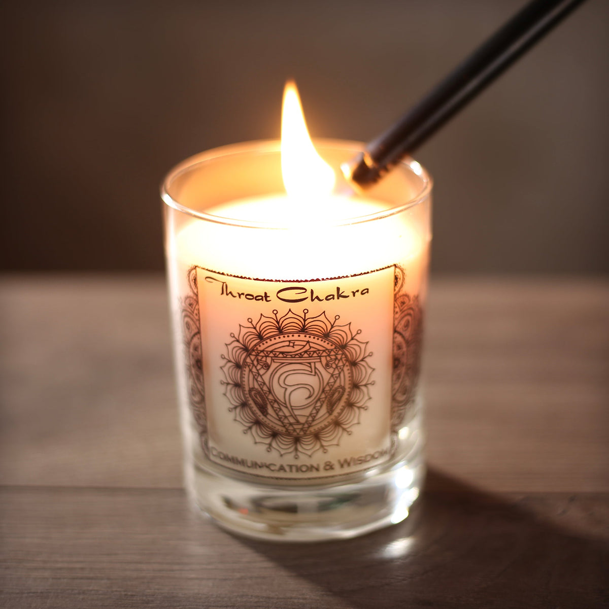 Soy Candle for Chakra Meditation Scented with Essential Oils | Throat Chakra Vishuddha | Woods & Amber | Communication and Wisdom - 10.5oz - Wholesale and Retail Prabhuji's Gifts   - Mystic Journey Path
