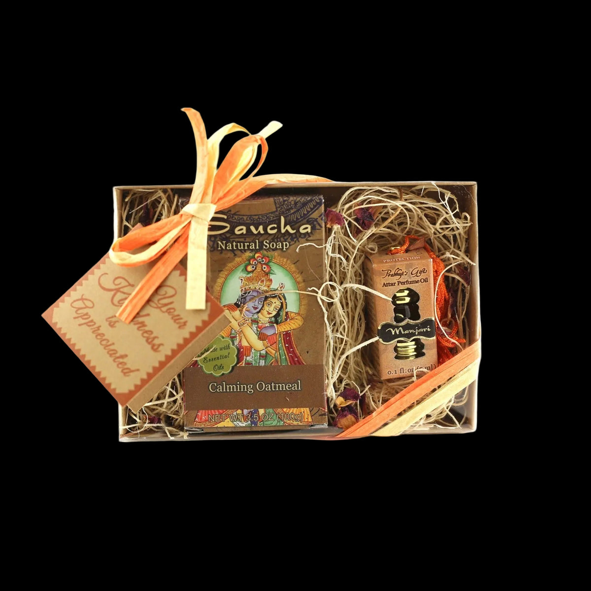 Gift Set - Saucha Bar Soap 'Calming Oatmeal' and Attar Perfume Oil 'Manjari' - with Greeting 'Your kindness is appreciated' - Mystic Journey Path