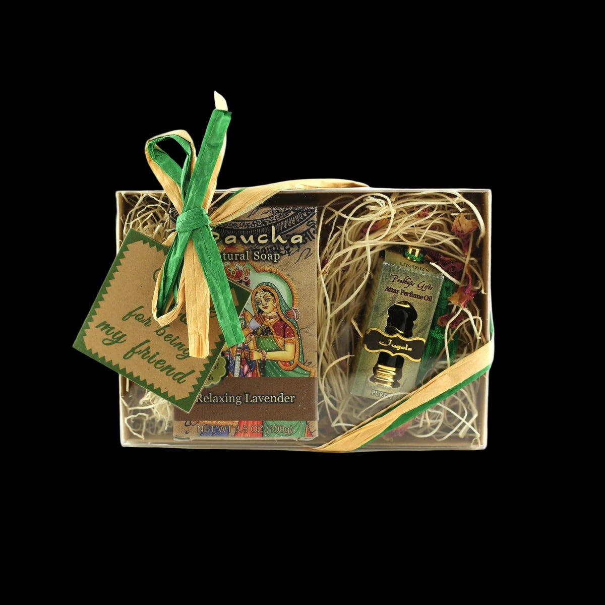 Gift Set - Saucha Bar Soap 'Relaxing Lavender' and Attar Perfume Oil 'Jugala' - with Greeting 'Thank you for being my friend' -Mystic Journey Path