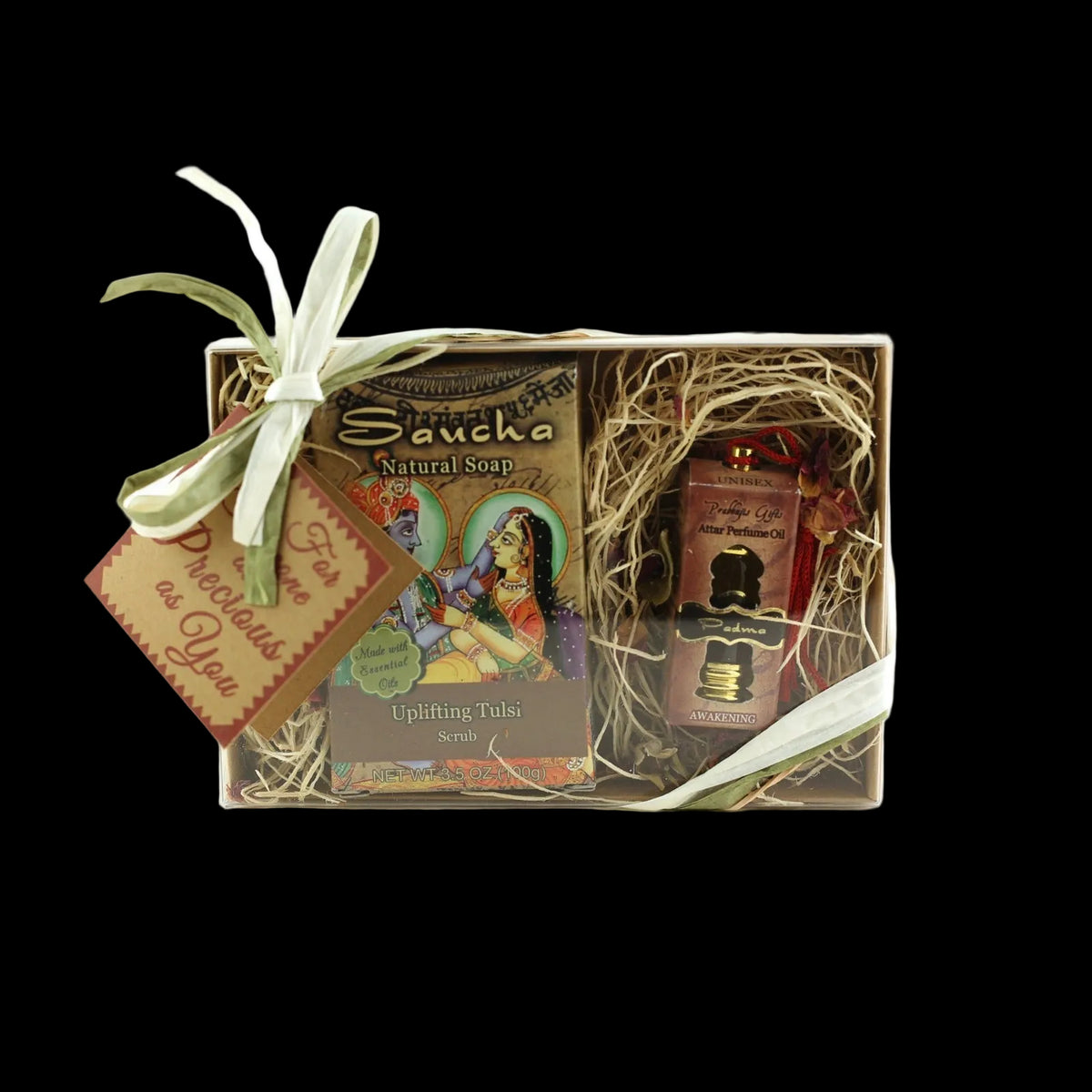 Gift Set - Saucha Bar Soap 'Uplifting Tulsi' and Attar Perfume Oil 'Padma' - with Greeting 'For someone as precious as you'  - Mystic Journey Path