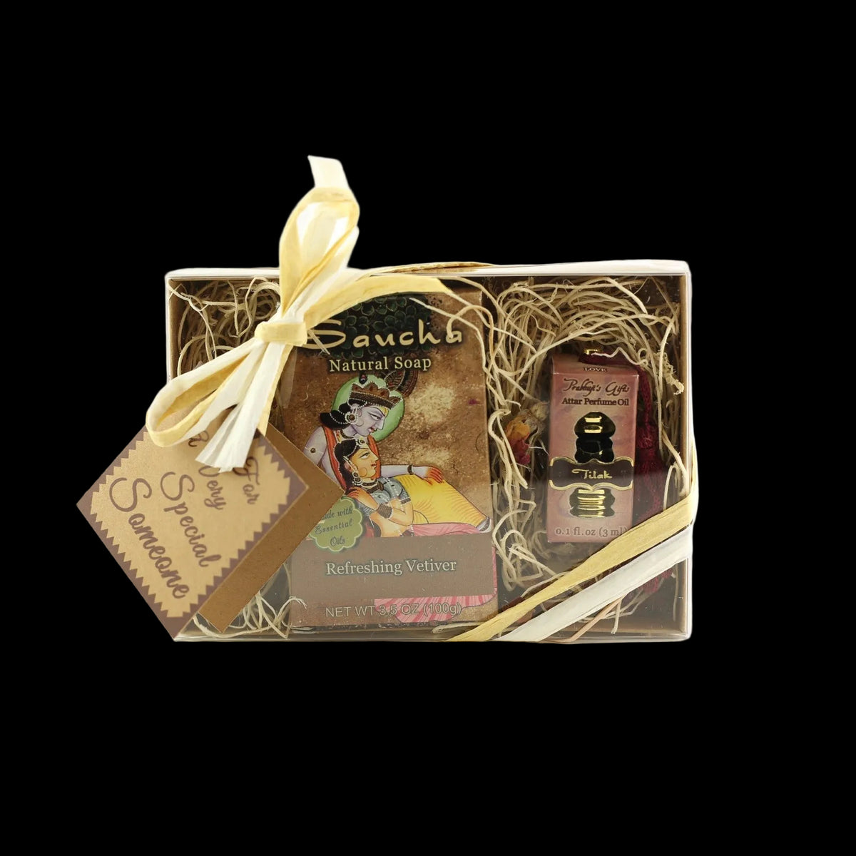 Gift Set - Saucha Bar Soap 'Refreshing Vetiver' and Attar Perfume Oil 'Tilak' - with Greeting 'For a very special someone' -Mystic Journey Path