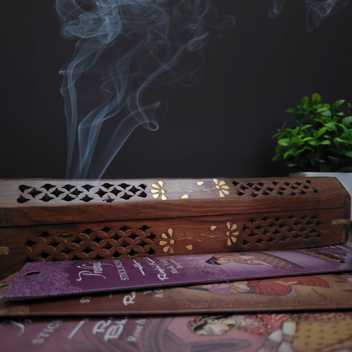 Incense Burner - Wooden Box with Storage - 5 Panel Jali & Flowers -Mystic Journey Path