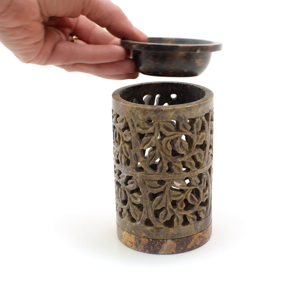 Oil Diffuser - Natural Soapstone Oil Burner Ornamental Leaves 4.75" - Mystic Journey Path
