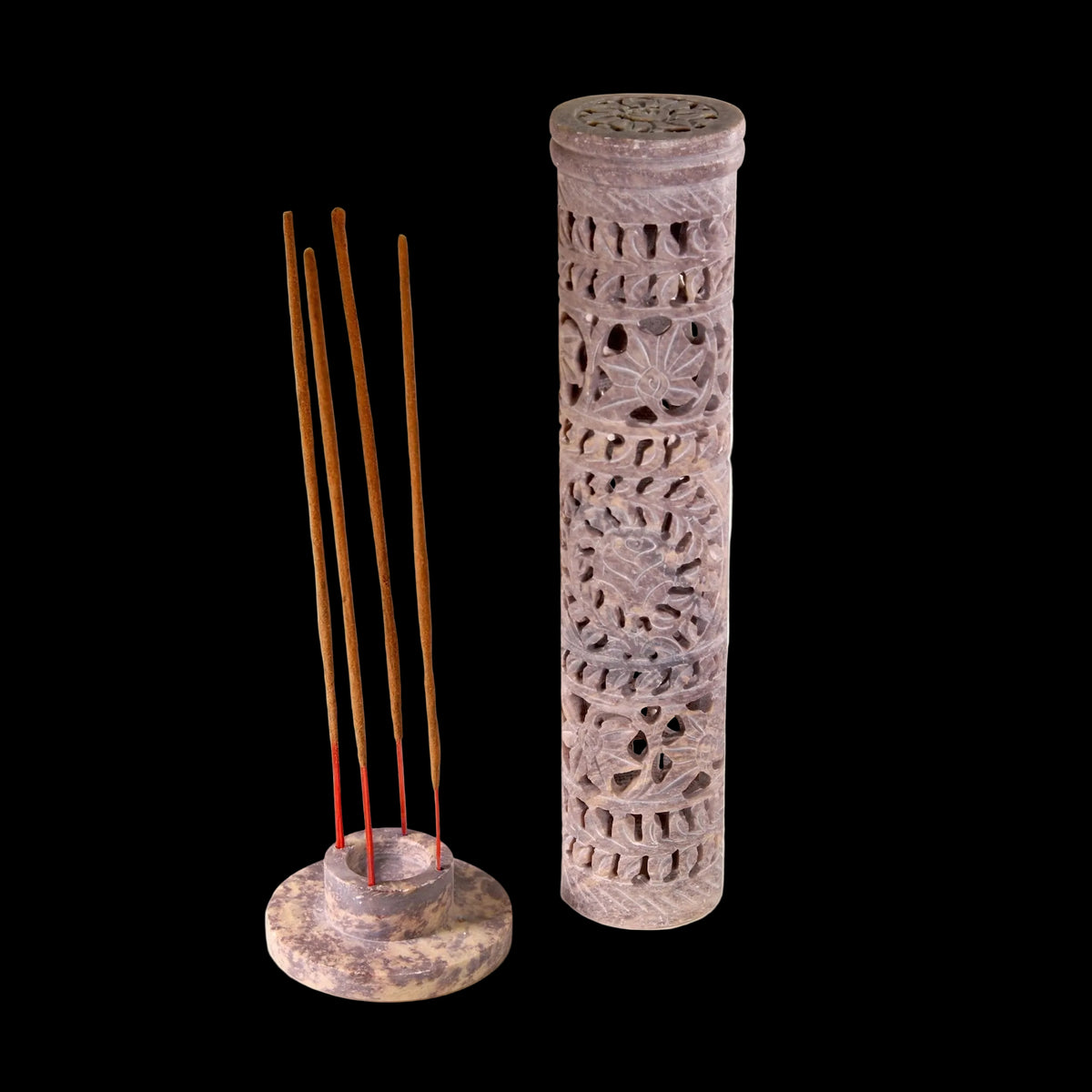 Incense Burner - Soapstone Tower Flowers Jali  - Mystic Journey Path