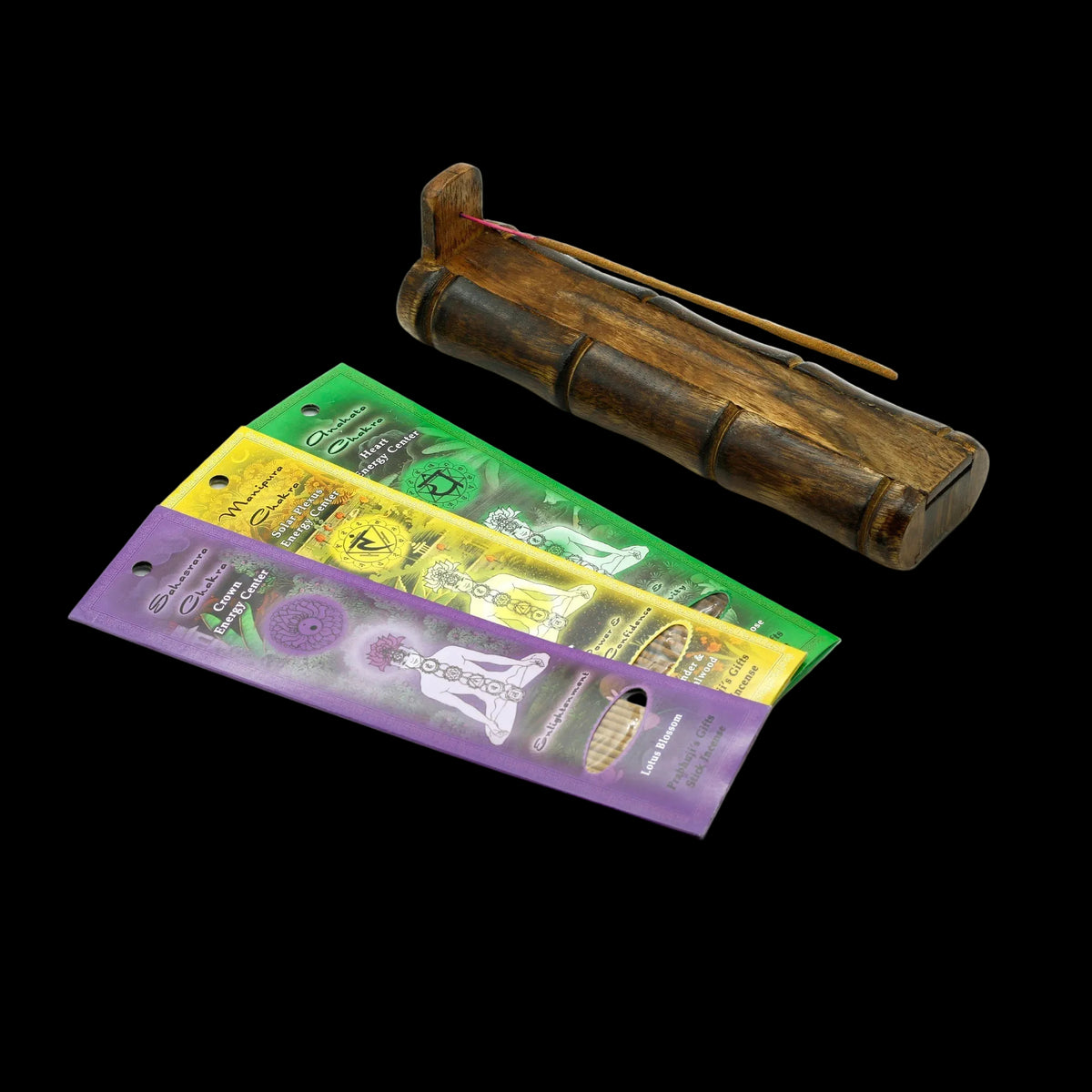 Incense Gift Set - Bamboo Burner + 3 Chakra Incense Sticks Packs & Love Greeting - Lost in Love  -Mystic Journey Path