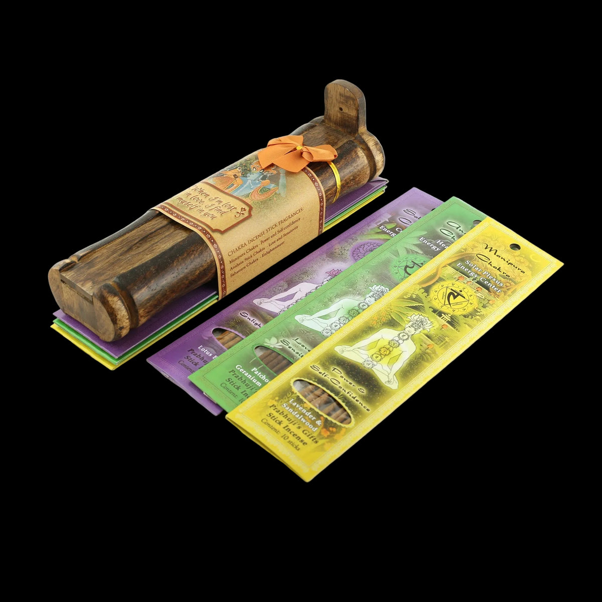 Incense Gift Set - Bamboo Burner + 3 Chakra Incense Sticks Packs & Love Greeting - Lost in Love  -Mystic Journey Path