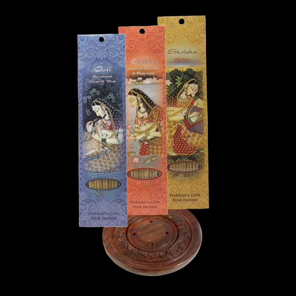 Incense Gift Set - Wood Round Burner + 3 Meditation Incense Sticks Packs & Holiday Greeting    - Mystic Journey Path