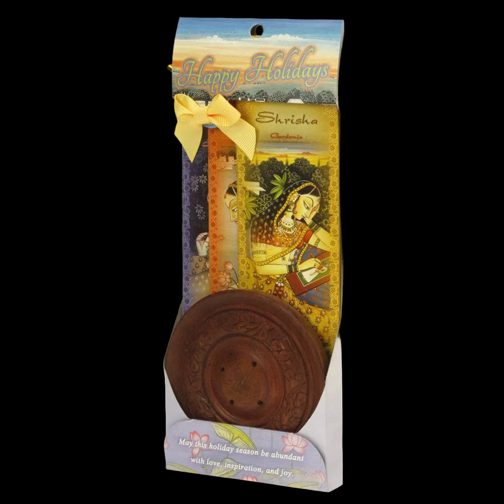Incense Gift Set - Wood Round Burner + 3 Meditation Incense Sticks Packs & Holiday Greeting    - Mystic Journey Path